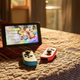 A Nintendo Switch and two detached Joy-Con controllers site on a bed as light comes in from a nearby window.